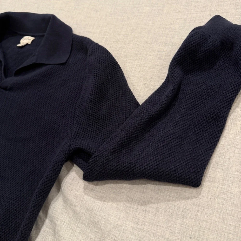 J.Crew Mens Navy Blue Textured Knit Johnny Collar 100% Cotton Polo Sweater Small